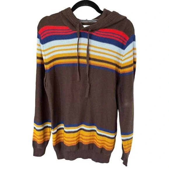 NWT Sun & Stone Brown Multi Striped Knit Hooded Pullover Sweater Mens Sz Medium - Picture 2 of 6